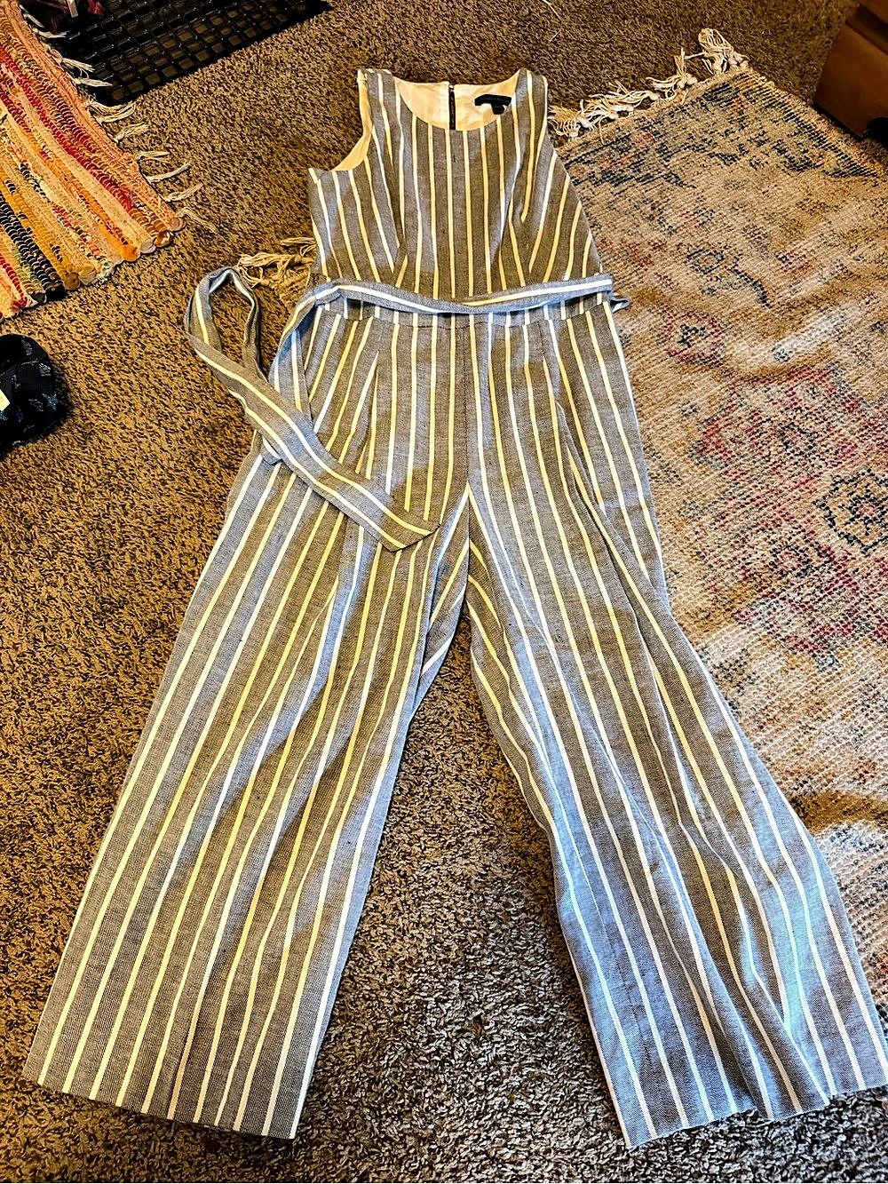 Banana Republic Grey and White Striped Linen-Blend Belted Jumpsuit